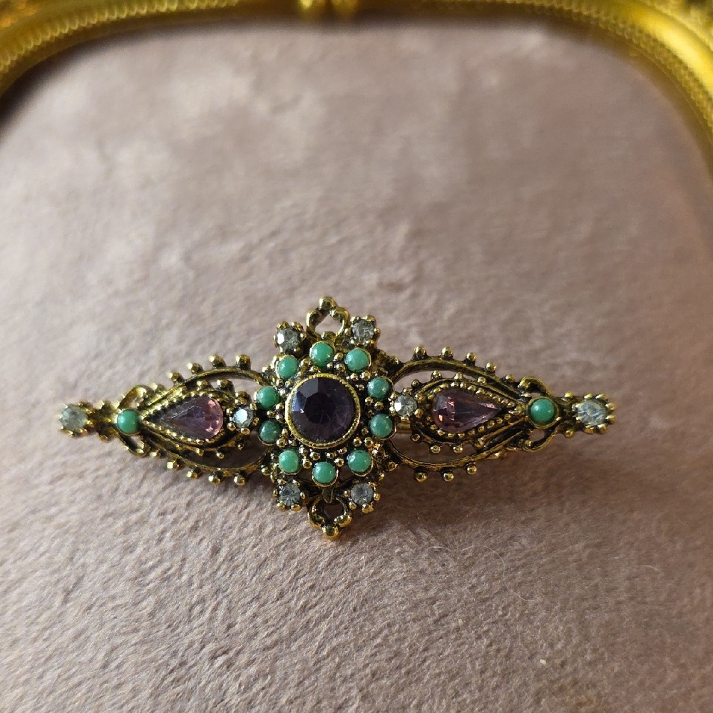 Vintage ART Arthur Pepper Bar Brooch With Faux Amethyst And Turquiose Stones